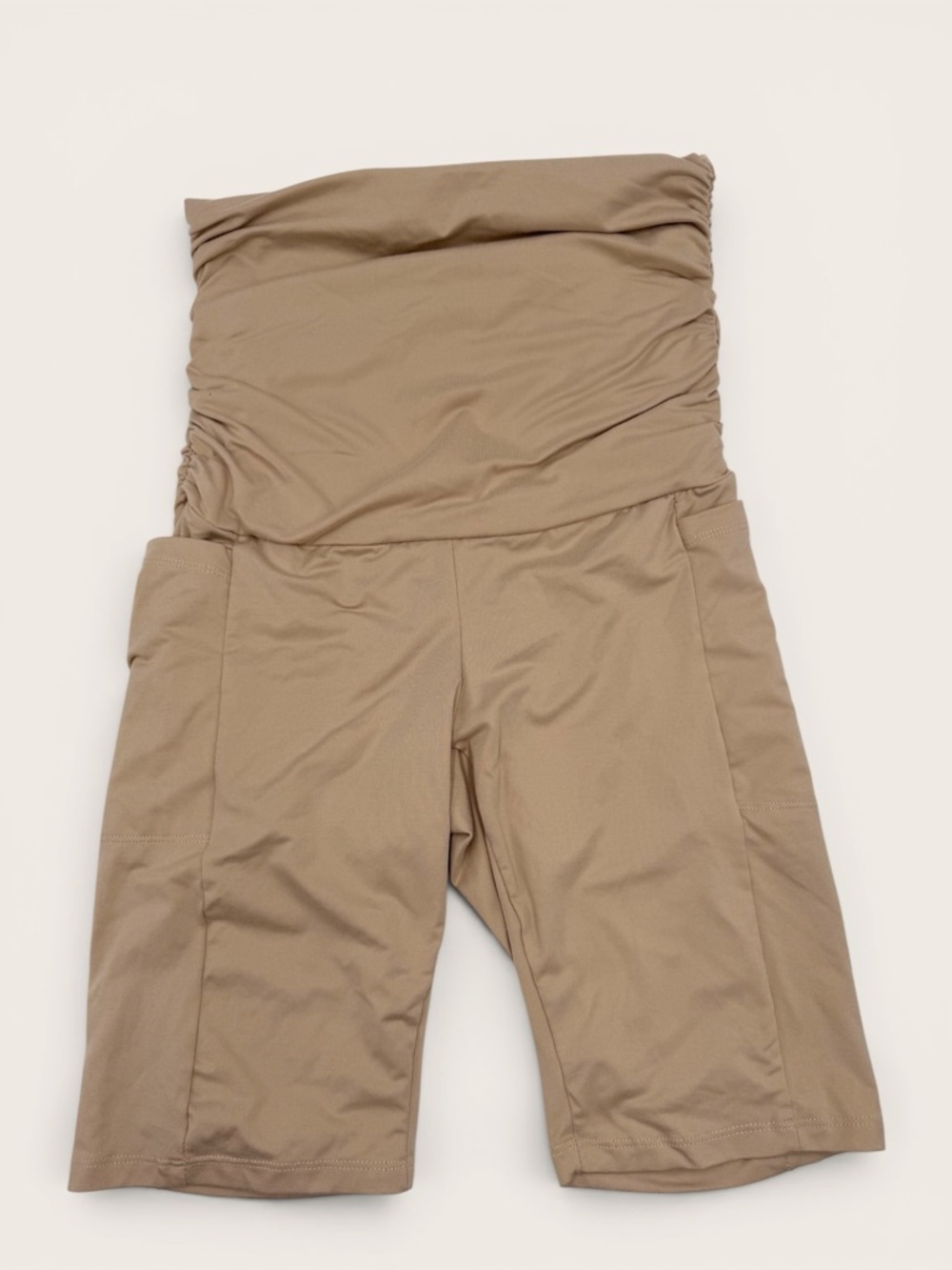 Maternity Bike Yoga Shorts Tan SMALL with side pockets